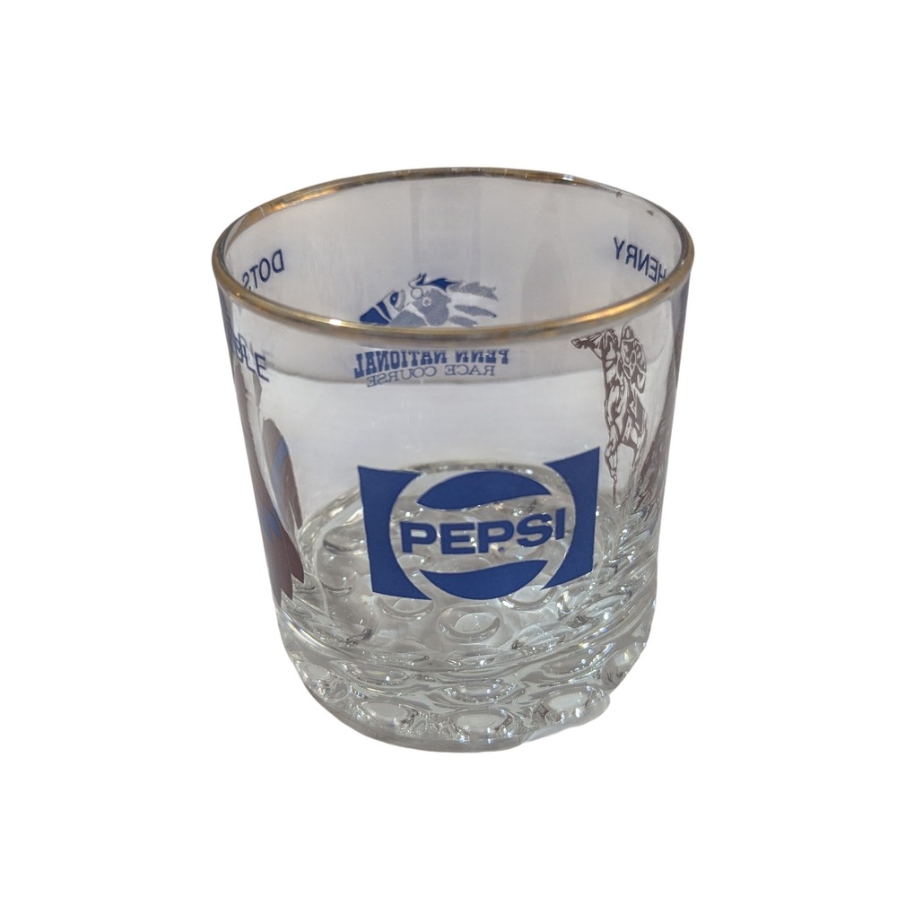 Vintage Pepsi Penn National Race Course Glass John Henry Dotsam Stable Gold Rim